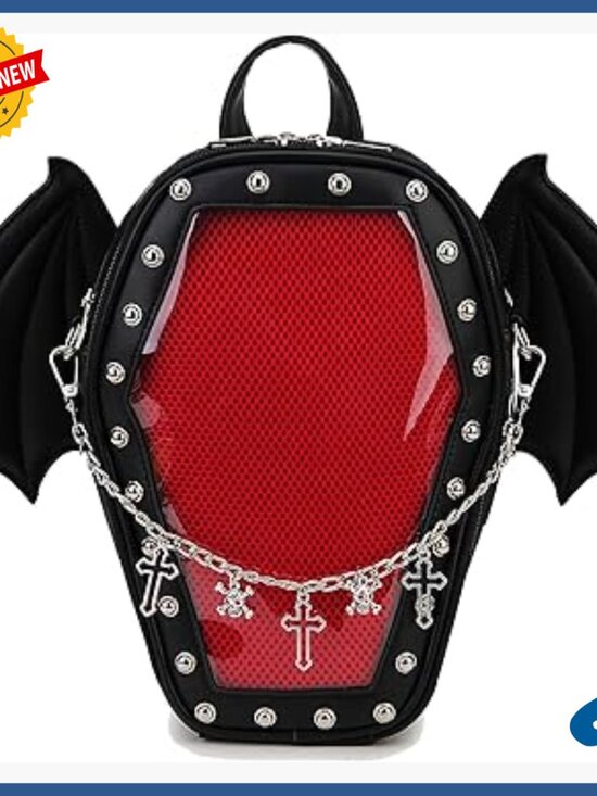 Faux Leather Coffin Backpack with Detachable Bat Wings, Enamel Pin Display main image 3